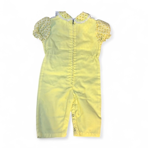 Vintage 70s Yellow Girls Overalls Romper 12 Months Floral Snap Buttons - Picture 6 of 7